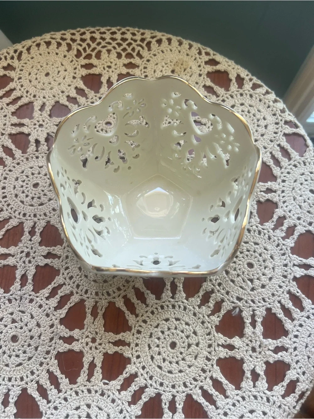 Lenox Basket Pierced Heart Porcelain Basket Bowl Ivory Gold Trim USA Scalloped